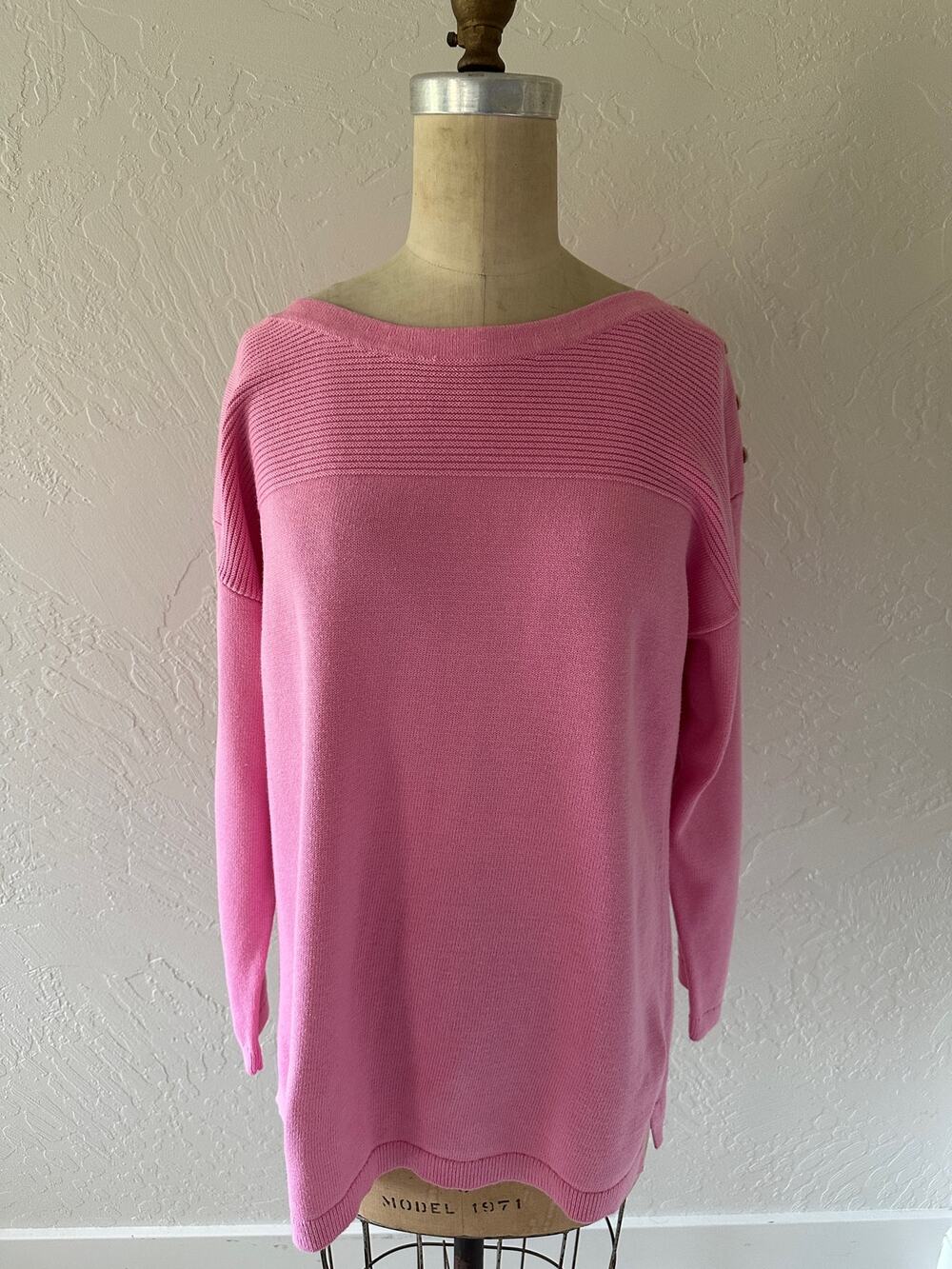 TALBOTS | Womens Petite Boatneck Ribbed Knit Tunic Sweater Size XLP Pink Buttons